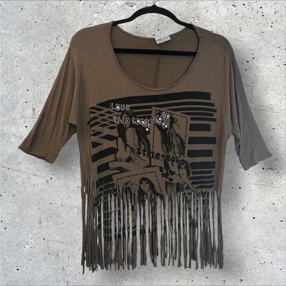 Caren Sport Womens Top 1X Scoop Neck Pullover 3/4 Sleeve Fringe Embellished